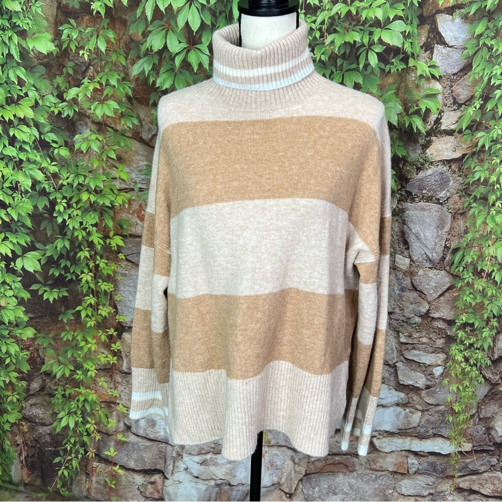 J. CREW Tan Striped Quiet Minimalist Merino Wool Blend Turtleneck Sweater, M - Picture 2 of 11